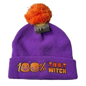Happy Halloween 100% That Witch Beanie Purple Orange One Size Fits Most